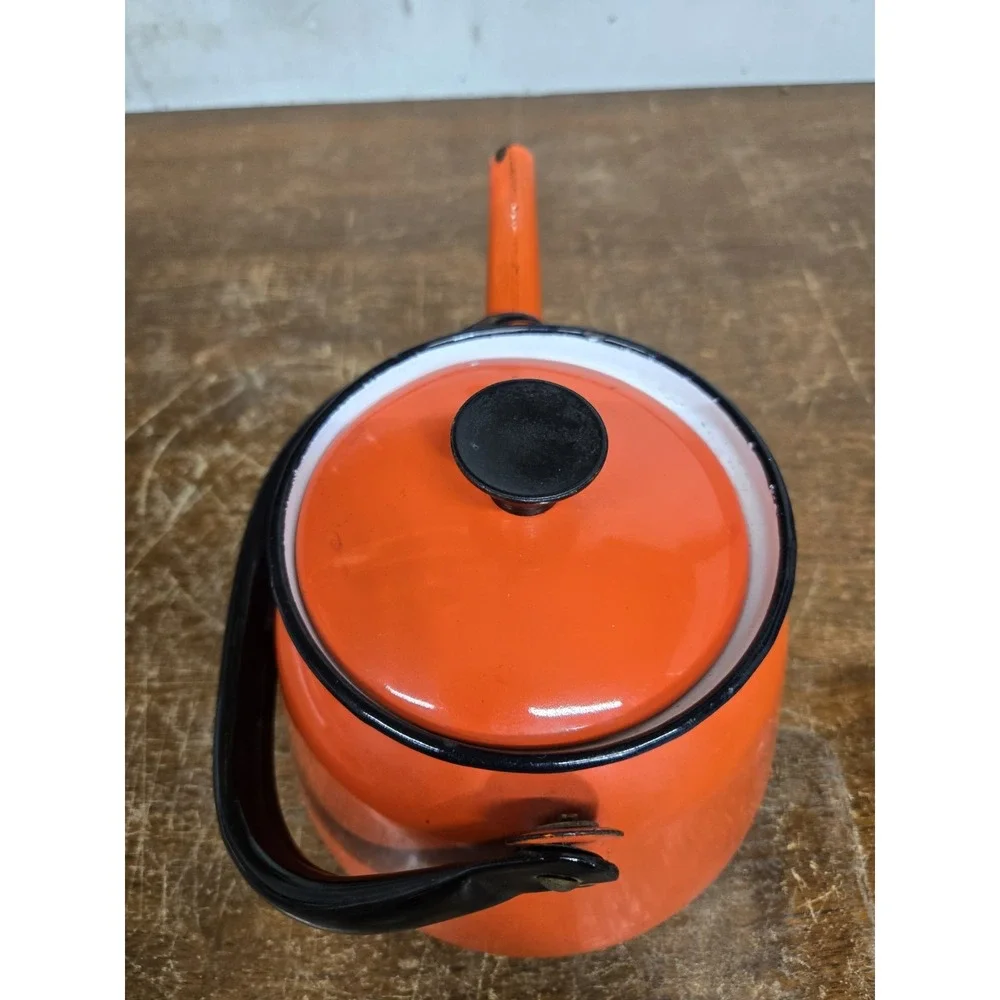 Vintage Huta Silesia Poland Orange Enamelware Tea Kettle Teapot Retro MCM